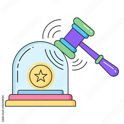 Auctioneer gavel banging courtroom bell with star icon sale law online auction events marketplace with announcement