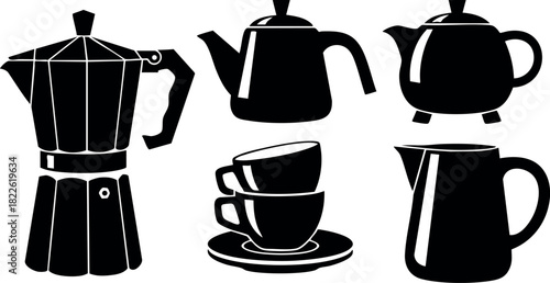 Black silhouette set of coffee kettle cups and jug vector illustration