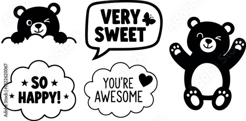 Cute black bear cartoon with happy speech bubbles and positive messages