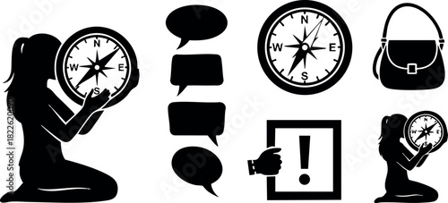 Silhouettes of woman holding compass with speech bubbles and alert icon vector illustration