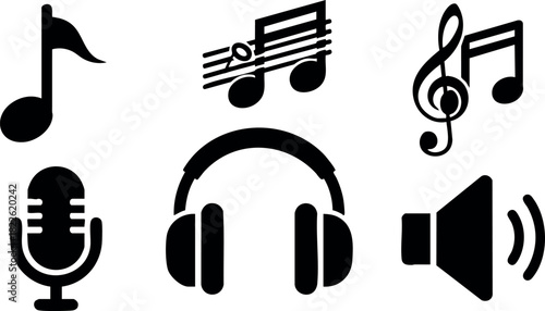 Black music icon set with notes microphone headphones and speaker