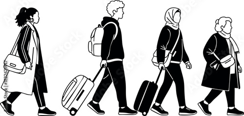 Diverse group of people walking with suitcases in black and white vector illustration