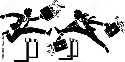 Businessmen jumping over hurdles with briefcases full of money vector illustration