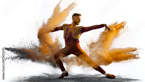 A dancer in a dynamic pose, surrounded by a cloud of colorful powder, creating an artistic effect.