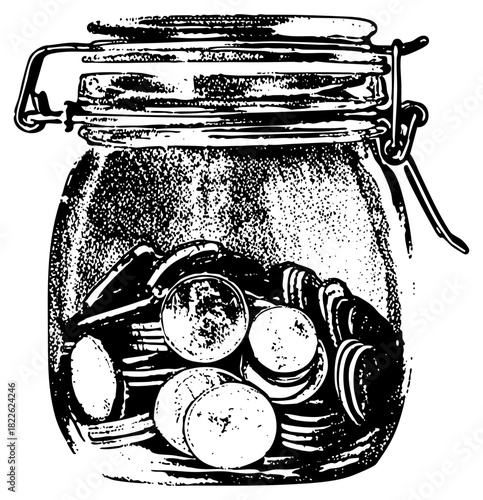 Pickled vegetables fermenting in jar, engraving illustration