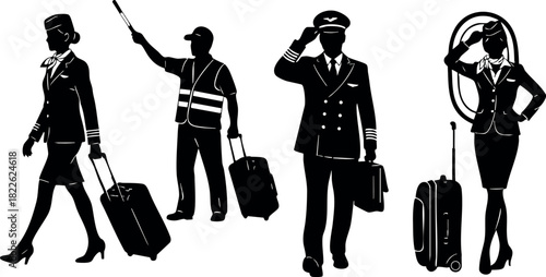 Silhouettes of airline crew and airport staff with luggage and uniforms