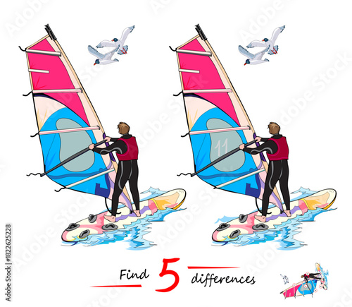 Find 5 differences. Drawing of a boy windsurfing in the sea. Logic puzzle game for children and adults. Page for kids brain teaser book. IQ test for smartest. Hand drawn flat vector illustration.