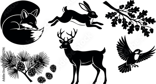 Silhouette wildlife animals and forest plants vector set