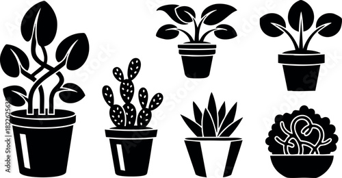 Black silhouette vector set of potted houseplants including cactus and leafy plants