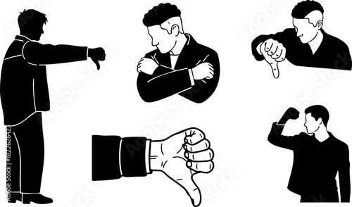 Silhouette of man showing thumbs down and various negative gestures