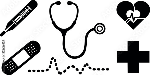 Medical health icons set thermometer stethoscope heart pulse cross bandage
