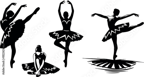Silhouette ballet dancers performing elegant poses in classic tutus