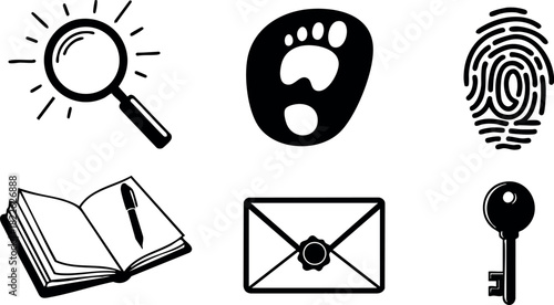 Magnifying glass sun footprint fingerprint open book pen envelope key icons
