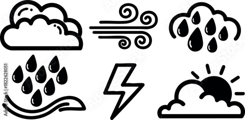 Weather icons including cloud rain wind lightning and sun vector illustration