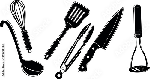 Kitchen utensils collection with ladle whisk spatula tongs knife and masher silhouette