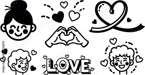 Love and affection hand and face doodles with heart symbols