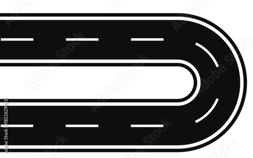 Curved highway road icon – U-turn roadway vector with dashed lane markings and black asphalt design