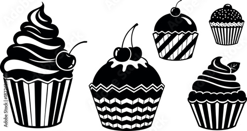 Black silhouette cupcake icons with cherries and frosting