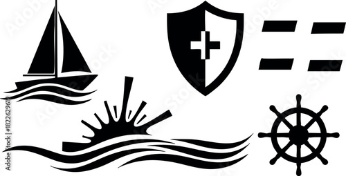 Nautical symbols sailboat sun shield and ship wheel icons