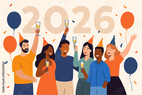 Diverse People Celebrating New Year Party Flat Illustration