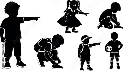 Silhouettes of children playing and pointing in various poses vector illustration