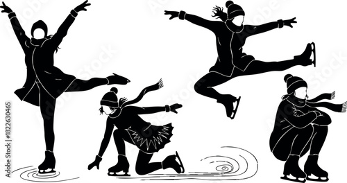 Silhouettes of people ice skating in winter clothing