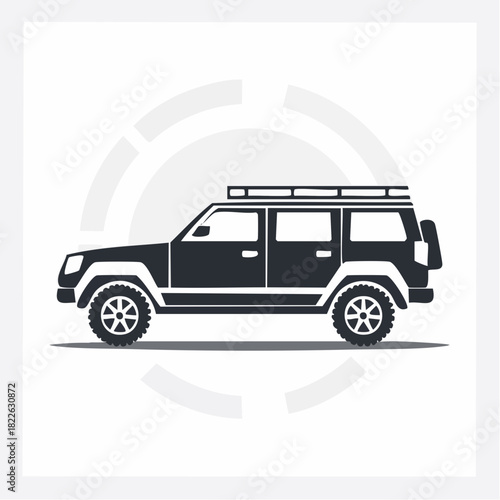 Dark Gray SUV with Roof Rack and Spare Tire Carrier Illustration.