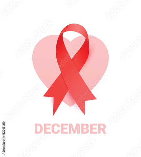 World AIDS Day design with red silky ribbon on the red heart in the background, representing awareness, support, and hope for those affected by HIV/AIDS.