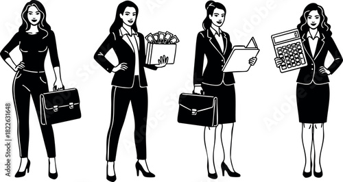 Businesswoman silhouettes with briefcase shopping bag clipboard and calculator