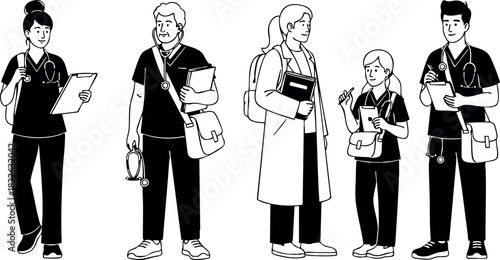 Medical professionals group illustration with diverse healthcare workers