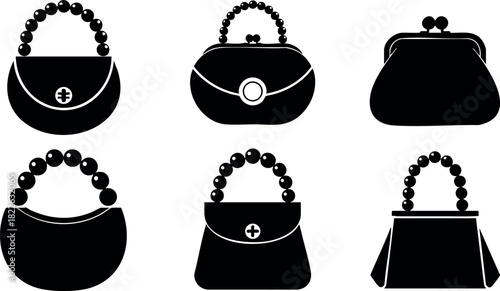 Black silhouette collection of six vintage style handbags with beaded handles