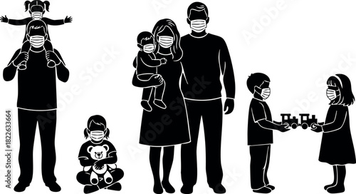 Silhouettes of a masked family with children playing and carrying toddlers