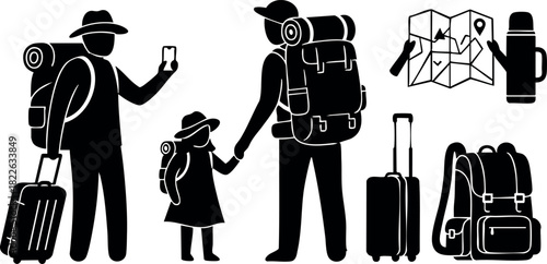 Family hiking with backpacks and travel luggage vector illustration