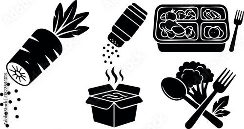 Black silhouette icons of vegetable carrot spice container soup box and lunch box with broccoli and cutlery
