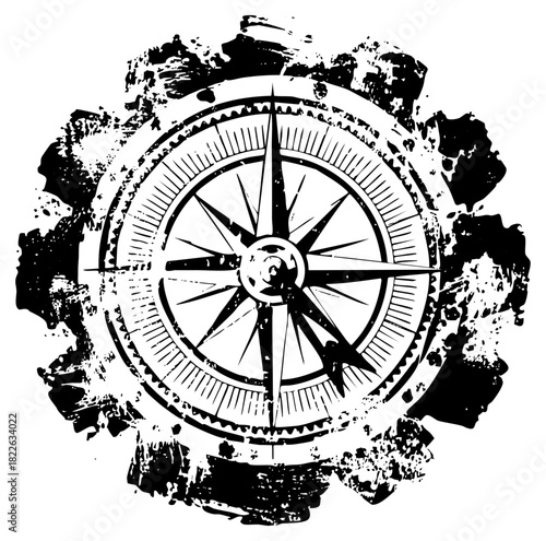 Compass points direction in distressed texture