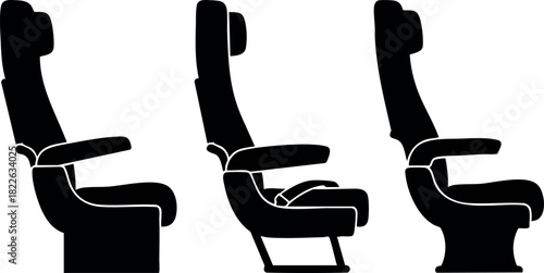 Airplane seat silhouette set showing different reclining positions
