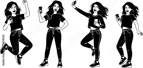Young woman with smartphone in various joyful poses vector illustration