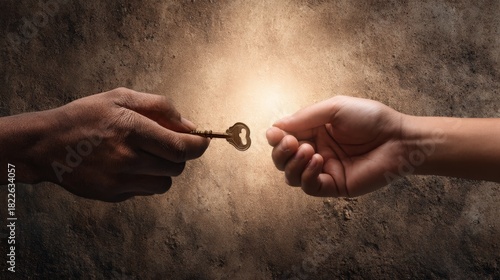 Person’s hand, hope, guidance, support, faith, trust, giving, Passing the Key of Inheritance - Symbolic Concept of Legacy and Succession in a Dramatic Setting