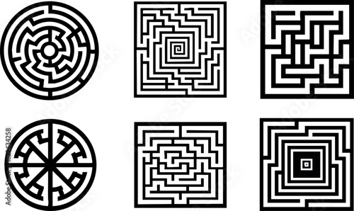 Set of six black and white maze designs with circular and square shapes