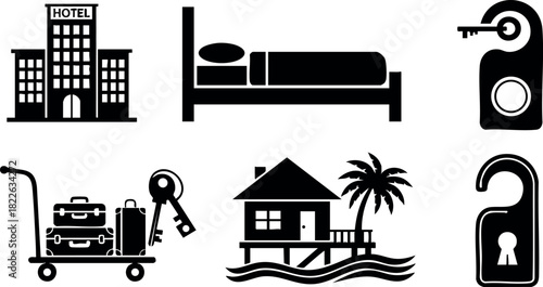 Hotel accommodation icons set including building bed luggage keys house and door hanger