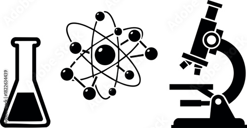 Laboratory flask atom model and microscope vector illustration
