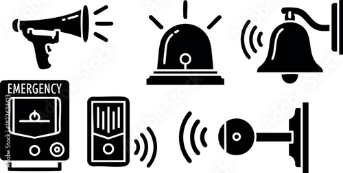 Emergency alarm siren bell and megaphone icons vector set