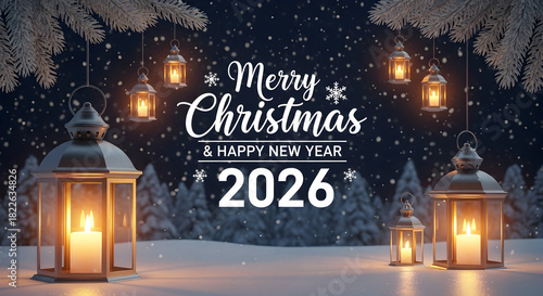 Merry Christmas and Happy New Year 2026 – Cozy Lanterns in Snowy Winter Night with Pine Branches