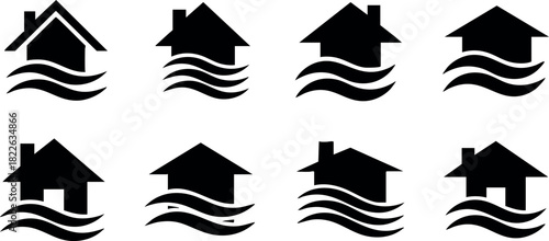 Set of eight black house icons with wave lines representing water or flood concept