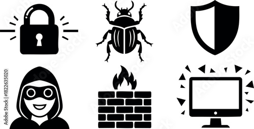 Cybersecurity icons with lock hacker bug firewall shield and monitor vector