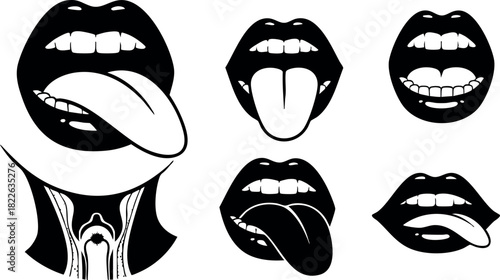 Silhouette lips and tongue vector set with oral anatomy detail