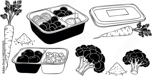 Black and white vector illustration of meal prep trays with vegetables and rice