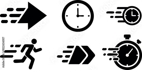Speed and time icons set with arrows running and stopwatch illustration