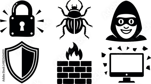 Cybersecurity icons including lock shield bug hacker firewall and computer vector illustration