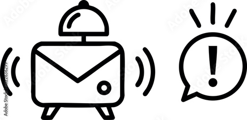 Alarm clock with envelope notification and alert speech bubble icon